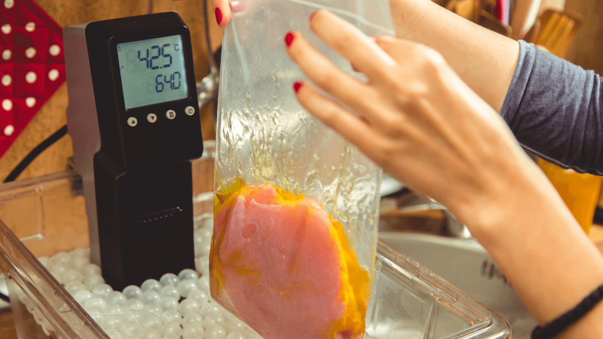 Sous Vide Caseiro: O Guia Completo para Texturas Perfeitas em Casa 1 Imersor Sous Vide cozinhando um saco selado em panela com água
