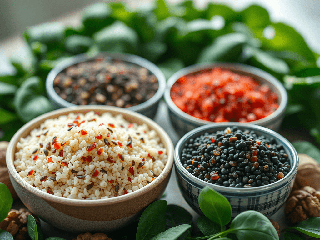 Tigelas com quinoa branca, vermelha e preta, grãos inteiros e cozidos, com folhas de espinafre e nozes ao redor