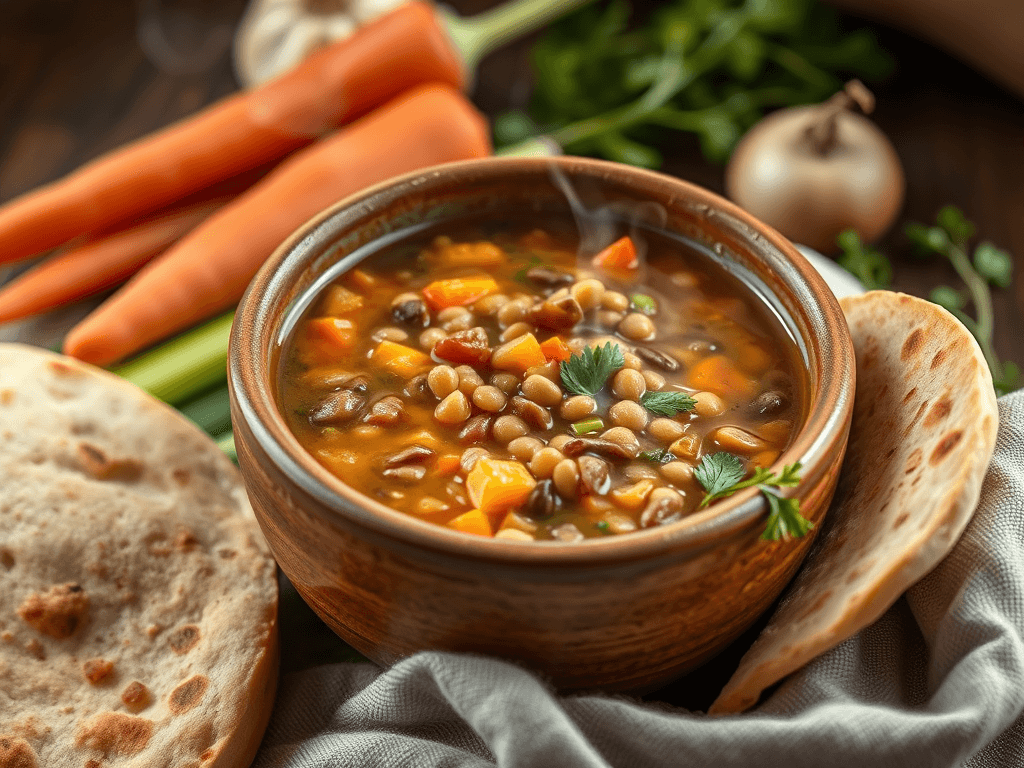 Sopa de Lentilha com Legumes e Ervas Frescas 1 Tigela de cerâmica com sopa de lentilha fumegante, cenoura, cebola e talos de salsão, com pão sírio ao lado