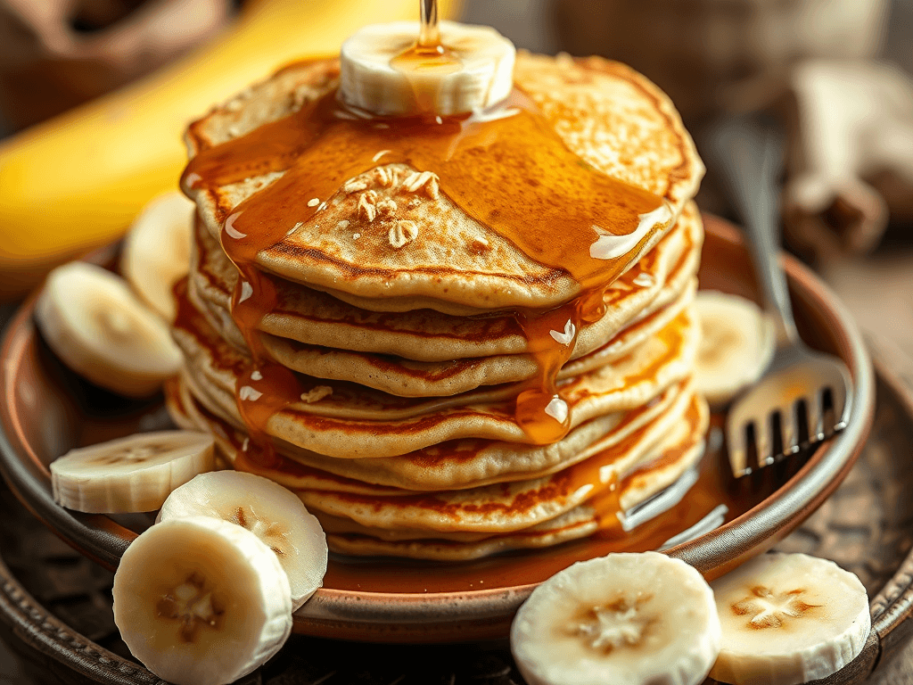 Receita: Panqueca de Aveia e Banana 1 Pilha de panquecas douradas com fatias de banana e mel escorrendo por cima, em prato de cerâmica com fundo rústico