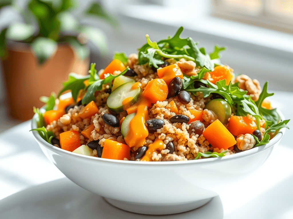 Salada de Quinoa com Lentilha e Molho de Laranja 1 Tigela de cerâmica com salada colorida: quinoa, lentilha, cenoura, pepino, rúcula e nozes, molho amarelo claro regado por cima
